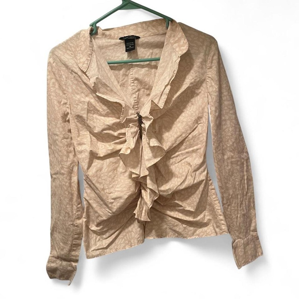 VINTAGE Y2K MODA INTERNATIONAL RUFFLED ZIPPERED LONG SLEEVE BLOUSE